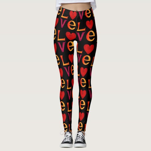 LOVE Square Lettering Ombre Rood & Geel op zwart Leggings (Voorkant)