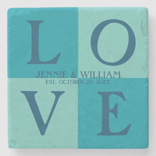 LOVE Squares Turquoise en Blue Wedding Date Stenen Onderzetter (Voorkant)