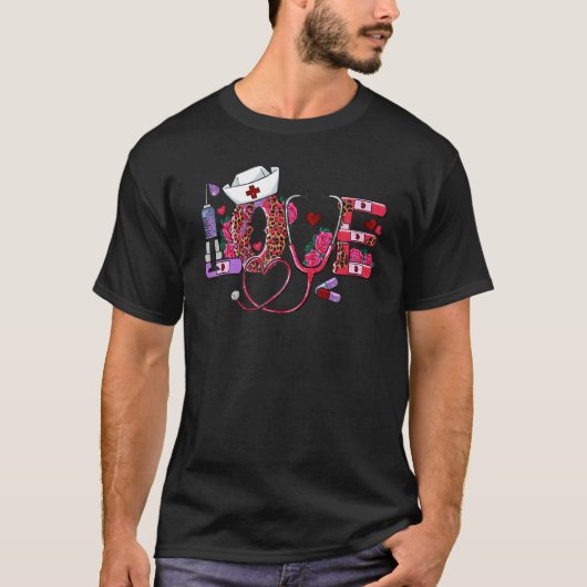 LOVE Stethoscope Nurse Life Valentine Day Leopard  T-shirt (Voorkant)