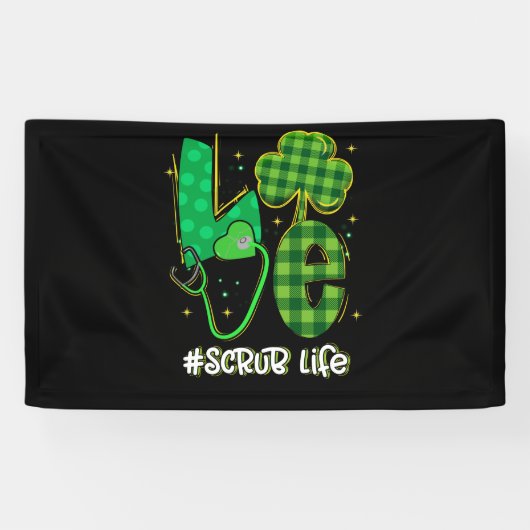 Love Stethoscope Scrub Life Shamrock Patricks Day Spandoek (Horizontaal)
