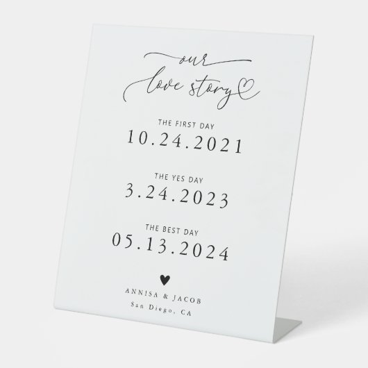 Love Story Heart Script White Wedding Timeline Reclamebord Met Voetstuk (Voorkant)