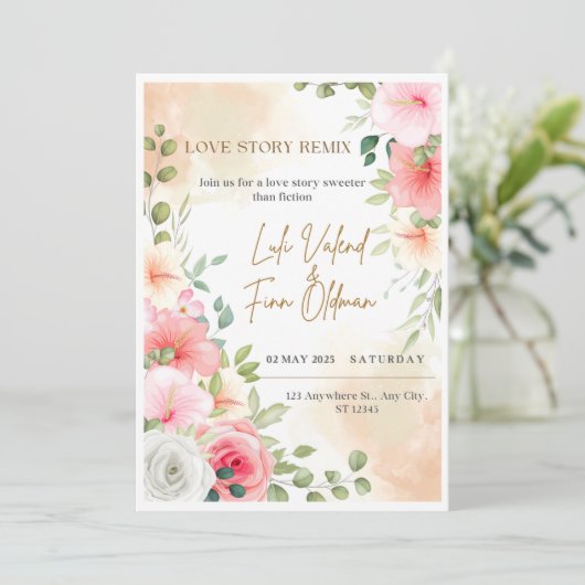 Love Story Remix Bruiloft Digitaal Uitnodigen Kaart (Staand voorkant)