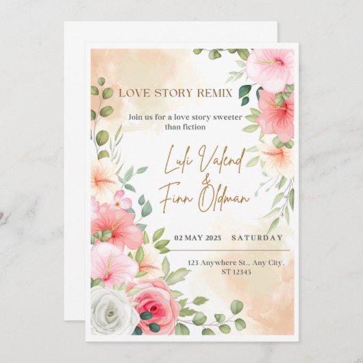 Love Story Remix Bruiloft Digitaal Uitnodigen Kaart (Voorkant / Achterkant)