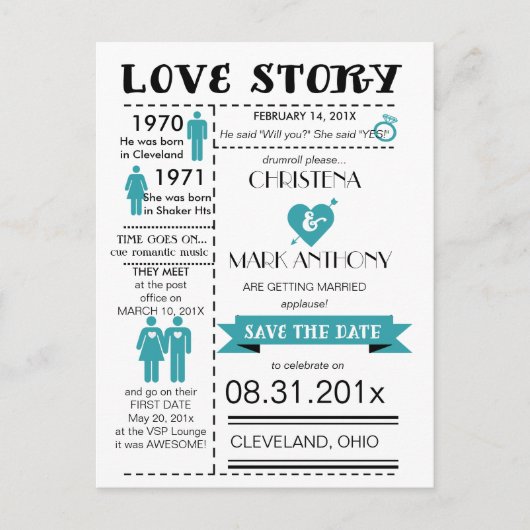 Love Story Save The Date Briefkaart (Robins Egg) (Voorkant)