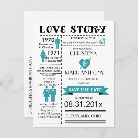 Love Story Save The Date Briefkaart (Robins Egg2) (Voorkant / Achterkant)