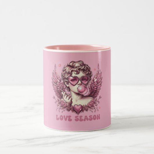 Love-Struck Cupido met Roze Bril en Bubble Gum Tweekleurige Koffiemok (Center)