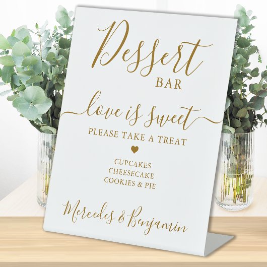 Love Sweet Personalized Gold Wedding Dessert Bar Reclamebord Met Voetstuk