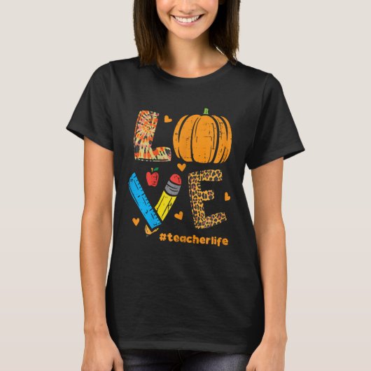 Love Teacher Pumpkin Leopard Herfst Autumn Thanksg T-shirt (Voorkant)