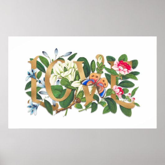 Love Text Gold Foil  Floral Botanical White Poster (Voorkant)