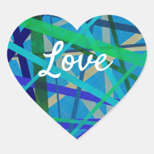 Love Text Heart Shape Blue & Green Geometric Lines Hart Sticker