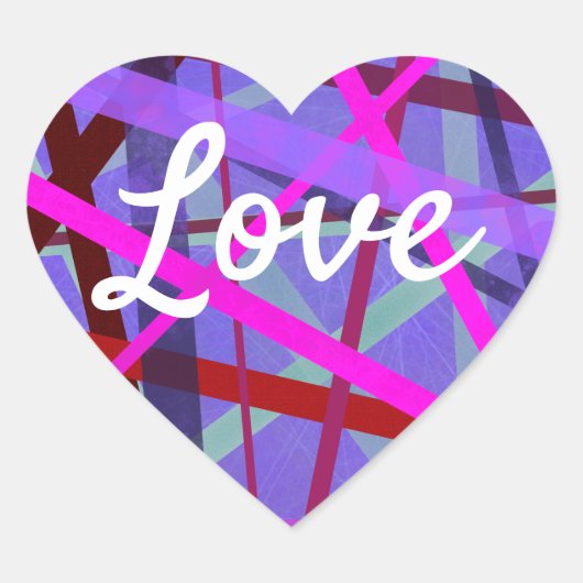 Love Text Heart Shape Pink & Paarse Lines Patroon Hart Sticker (Voorkant)