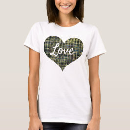 Love Text Heart Shape Yellow Blue Grid Line T-shirt