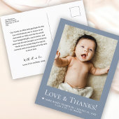 Love & Thanks Dusty blue Baby Photo announcement Briefkaart
