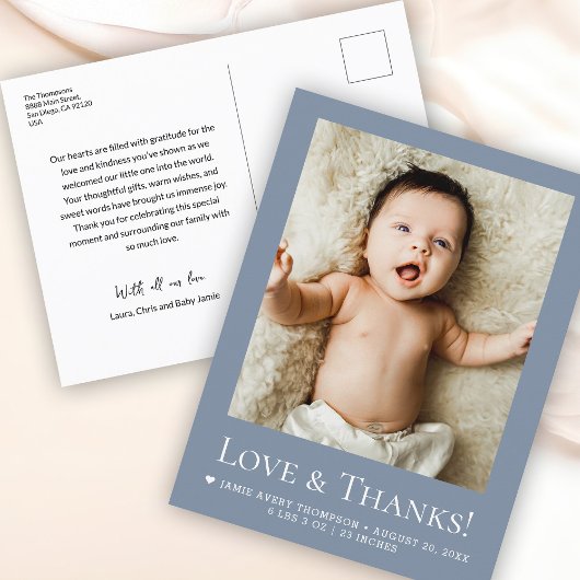 Love & Thanks Dusty blue Baby Photo announcement Briefkaart