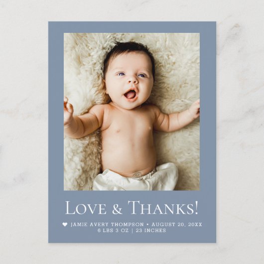 Love & Thanks Dusty blue Baby Photo announcement Briefkaart (Voorkant)