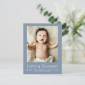 Love & Thanks Dusty blue Baby Photo announcement Briefkaart (Staand voorkant)