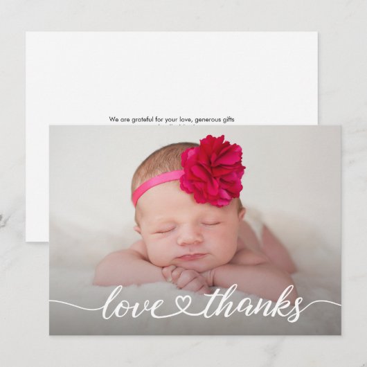 Love & Thanks Heart script Newborn Photo Baby Girl Bedankkaart (Voorkant / Achterkant)