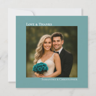 Love & Thanks Minimalistische Teal Trouwfoto Vierk Bedankkaart