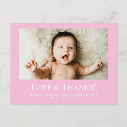 Love & Thanks Pink Baby Photo announcement Briefkaart (Voorkant)