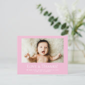 Love & Thanks Pink Baby Photo announcement Briefkaart (Staand voorkant)