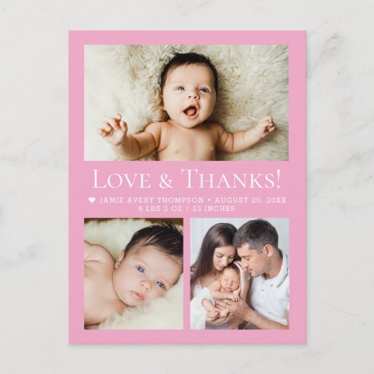Love & Thanks Pink Baby Photo Collage birth Briefkaart (Voorkant)