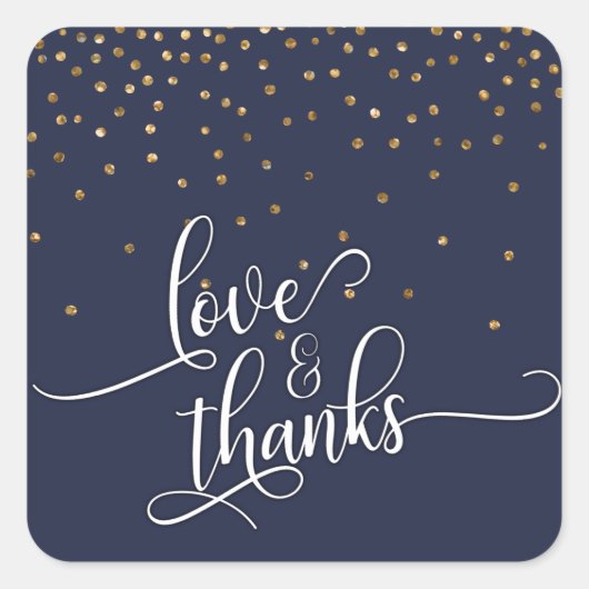 Love & Thanks Script, Gouden Confetti Middenblauw Vierkante Sticker (Voorkant)