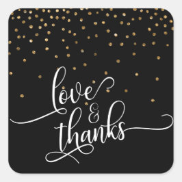 Love & Thanks Script, Gouden Confetti op Zwart, 2 Vierkante Sticker
