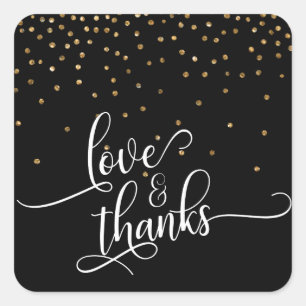Love & Thanks Script, Gouden Confetti op Zwart, 2 Vierkante Sticker