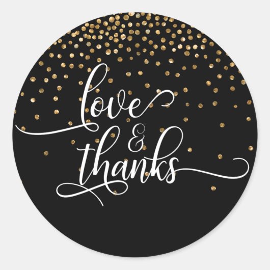 Love & Thanks Script, Gouden Confetti op Zwart Ronde Sticker (Voorkant)