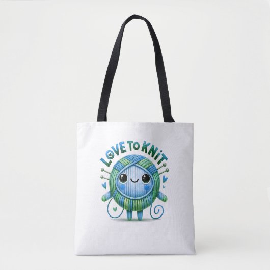 Love to Knit Quote Schattigee Blauw Groene Bal van Tote Bag (Voorkant)