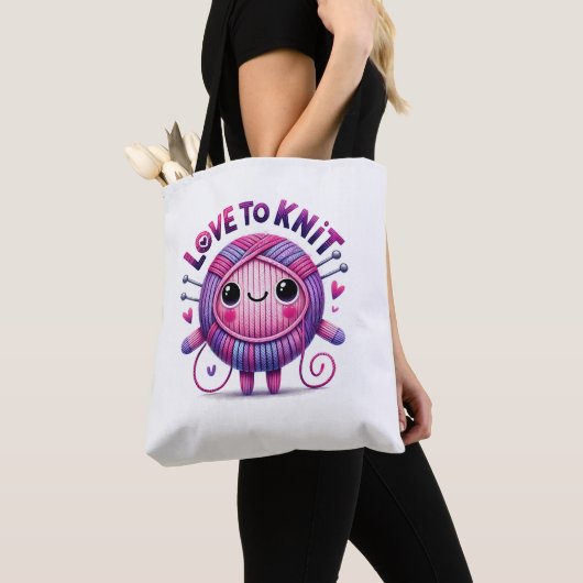 Love to Knit Quote Schattigee Roze Paarse Bal van  Tote Bag (Dichtbij)