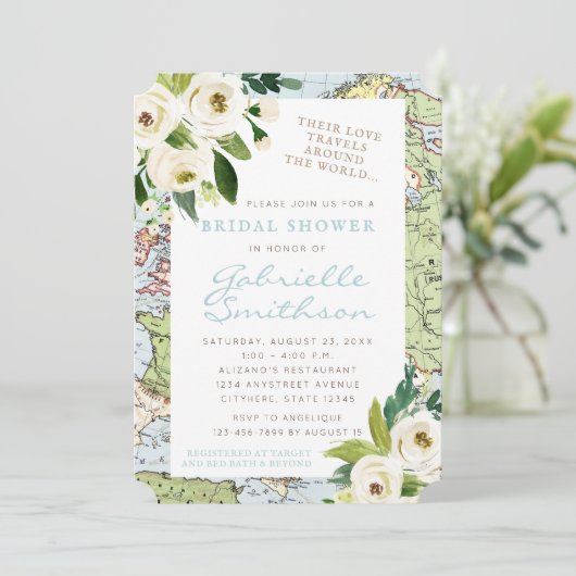 Love Travels Floral Map Vrijgezellenfeest Kaart (Staand voorkant)