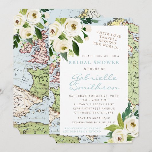 Love Travels Floral Map Vrijgezellenfeest Kaart (Voorkant / Achterkant)