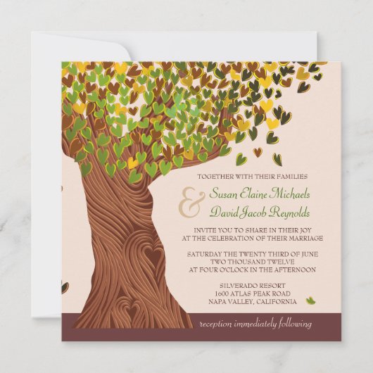 Love Tree Falling Heart Leaves Wedding Invite Kaart (Voorkant)