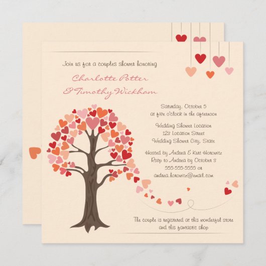 Love Tree Hearts Bruiloft Douche Uitnodiging (Voorkant / Achterkant)