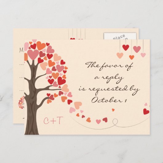 Love Tree Hearts Bruiloft RSVP Uitnodiging Briefkaart (Voorkant / Achterkant)