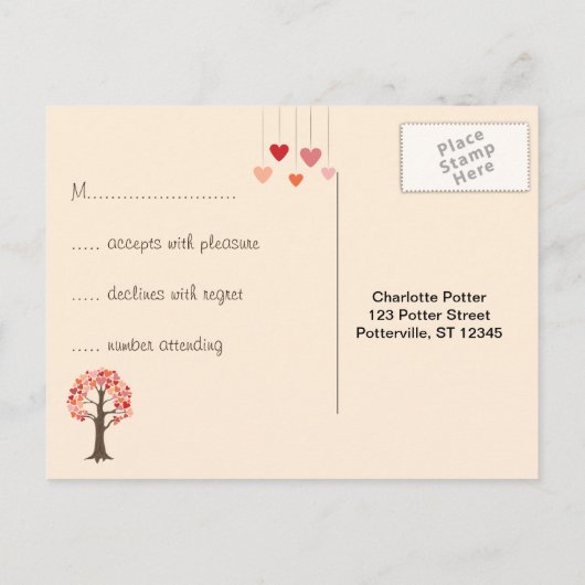 Love Tree Hearts Bruiloft RSVP Uitnodiging Briefkaart (Achterkant)