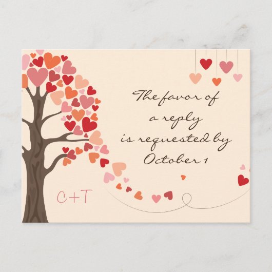Love Tree Hearts Bruiloft RSVP Uitnodiging Briefkaart (Voorkant)
