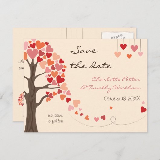 Love Tree Hearts Bruiloft Sla de datum op Aankondigingskaart (Voorkant / Achterkant)