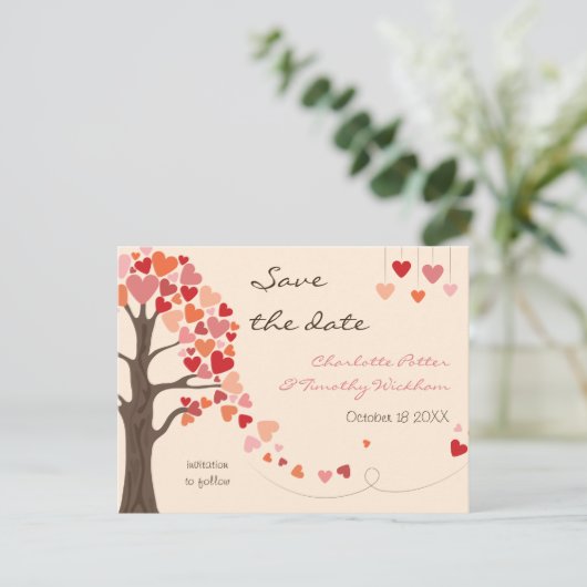 Love Tree Hearts Bruiloft Sla de datum op Aankondigingskaart (Staand voorkant)