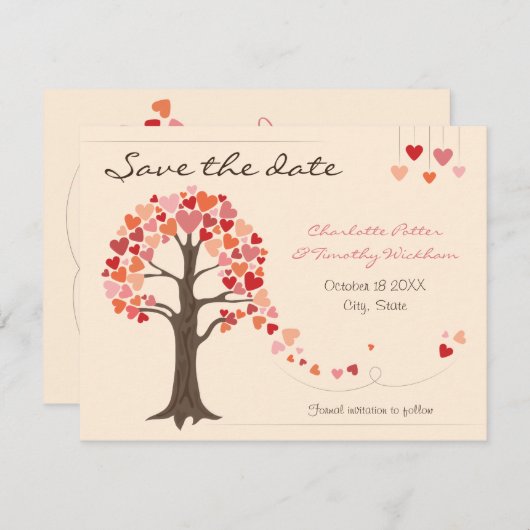 Love Tree Hearts Bruiloft Sla de datum op Save The Date (Voorkant / Achterkant)