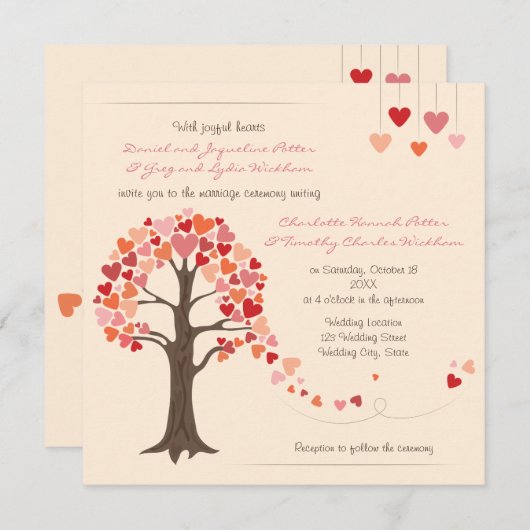 Love Tree Hearts bruiloft uitnodiging (Voorkant / Achterkant)