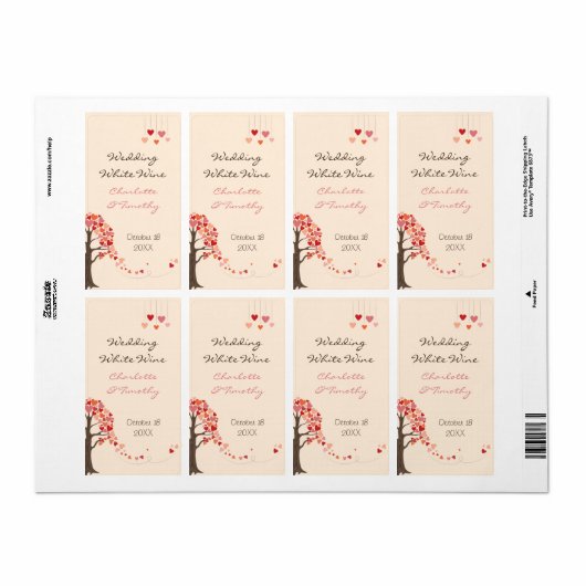 Love Tree Hearts Bruiloft Wijn Label (Full Sheet)