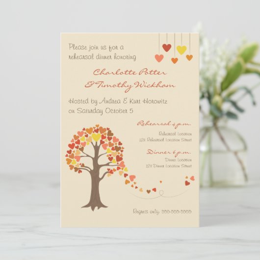 Love Tree Hearts Rehearings Dinner Invitation Kaart (Staand voorkant)