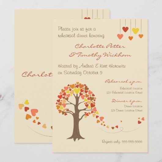 Love Tree Hearts Rehearings Dinner Invitation Kaart (Voorkant / Achterkant)
