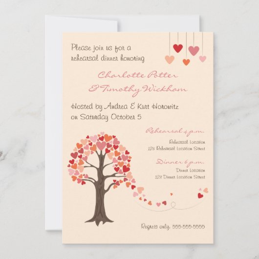 Love Tree Hearts repetitie diner uitnodiging (Voorkant)