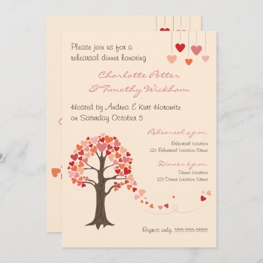 Love Tree Hearts repetitie diner uitnodiging (Voorkant / Achterkant)