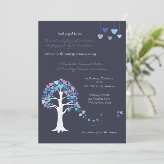 Love Tree Hearts Winter Weddenschap Blue Kaart (Staand voorkant)