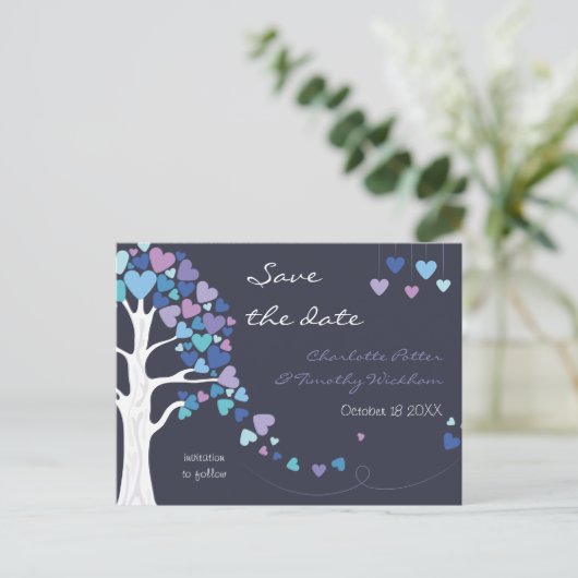Love Tree Hearts Winter Wedding Save the Date Aankondigingskaart (Staand voorkant)