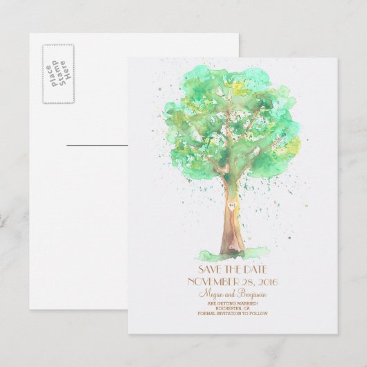 Love Tree Romantische Waterverf Save the Date Aankondigingskaart (Voorkant / Achterkant)